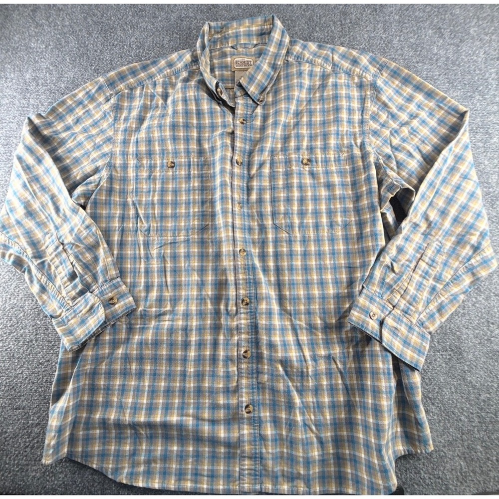 Schmidt Workwear Mens XL Blue Yellow Plaid Long Sleeve Button Down Shirt